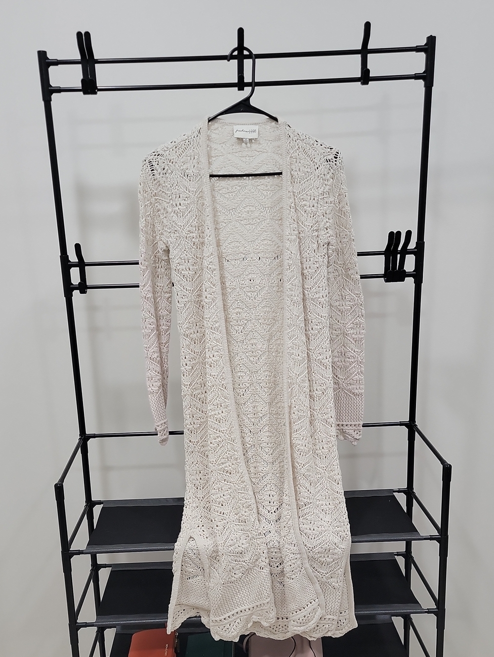 Light Cream Crochet Long-Sleeve Open-Front Dress